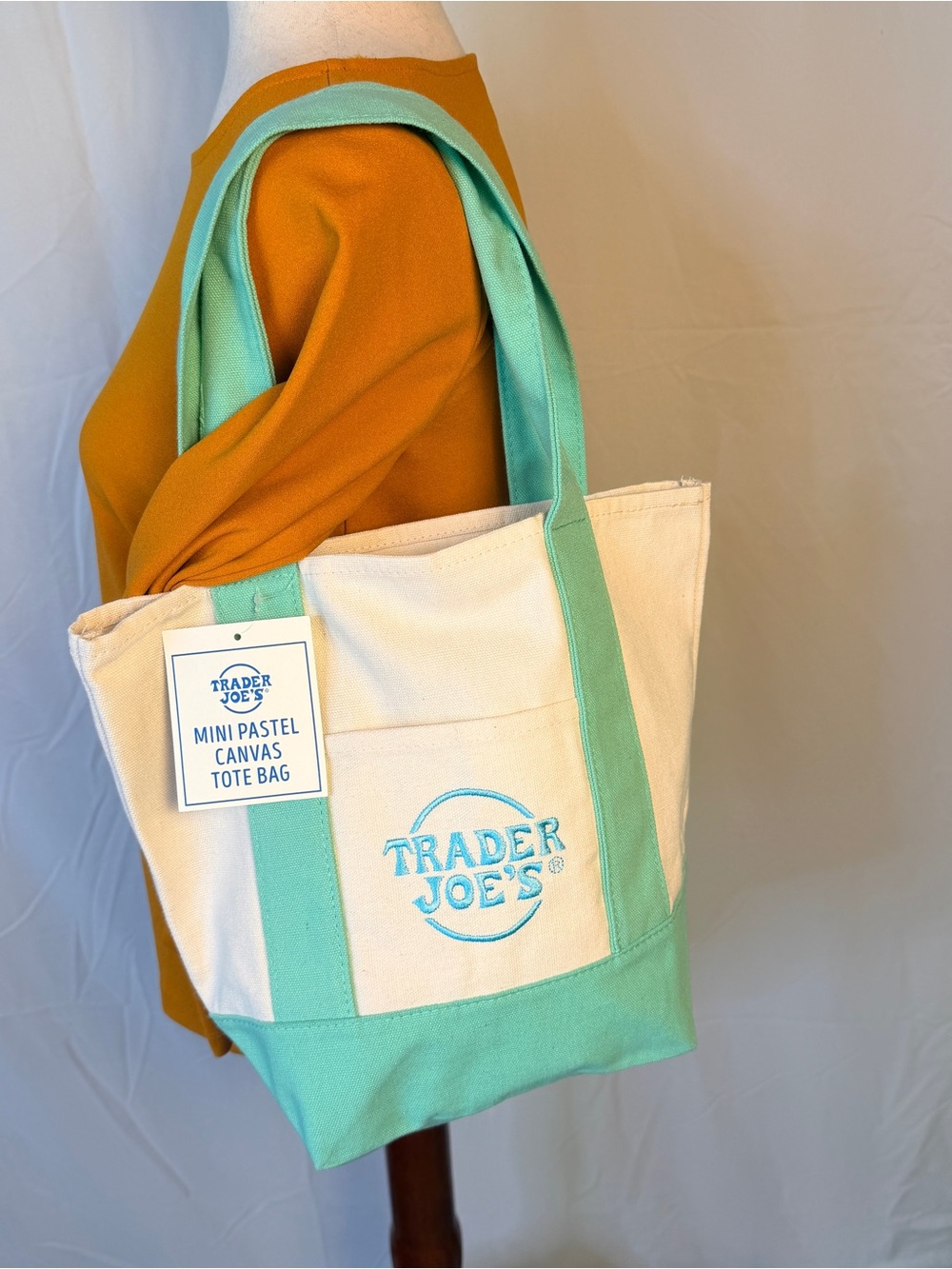 Trader Joe's Mini Canvas Tote Bag Mint and Cream pastel, springtime limited NWT